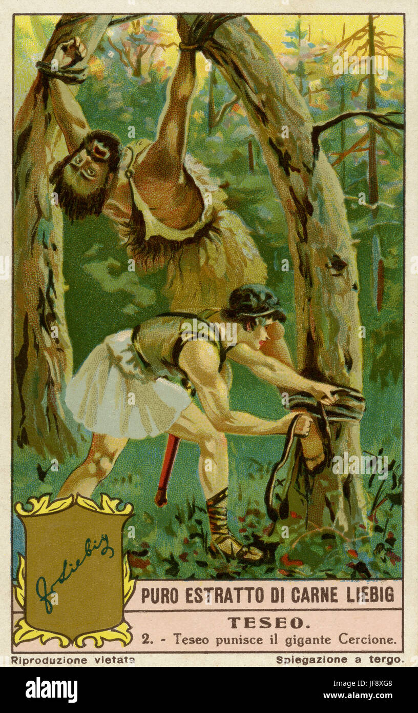 Theseus besiegt Cercyon. Theseus, mythischen König von Athen. Liebig Sammler Karte, 1928 Stockfoto