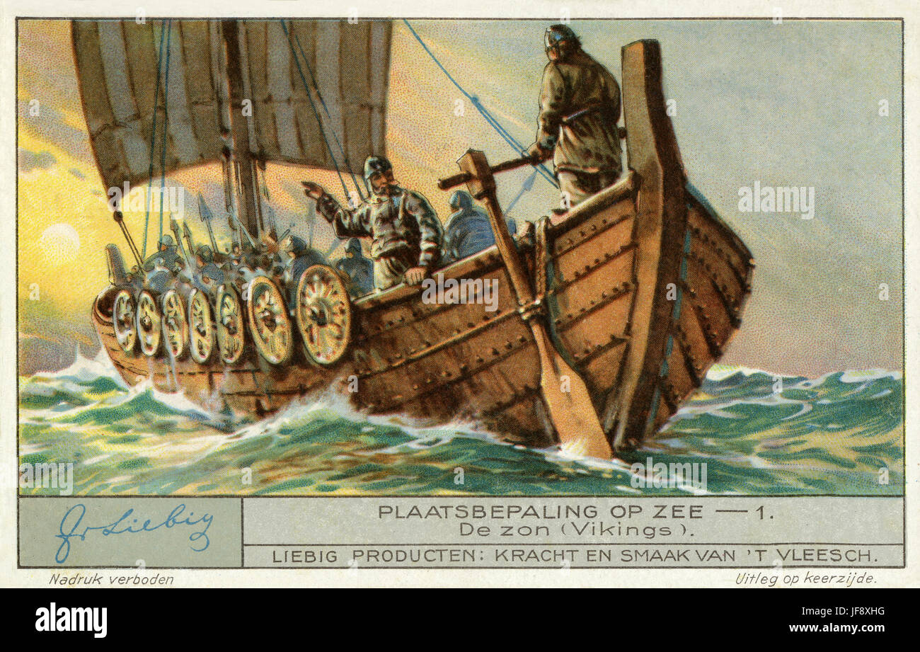 Wikinger-Schiff navigieren durch die Sonne. Fixieren eine Position auf dem Meer. Liebig Sammler Karte 1932 Stockfoto
