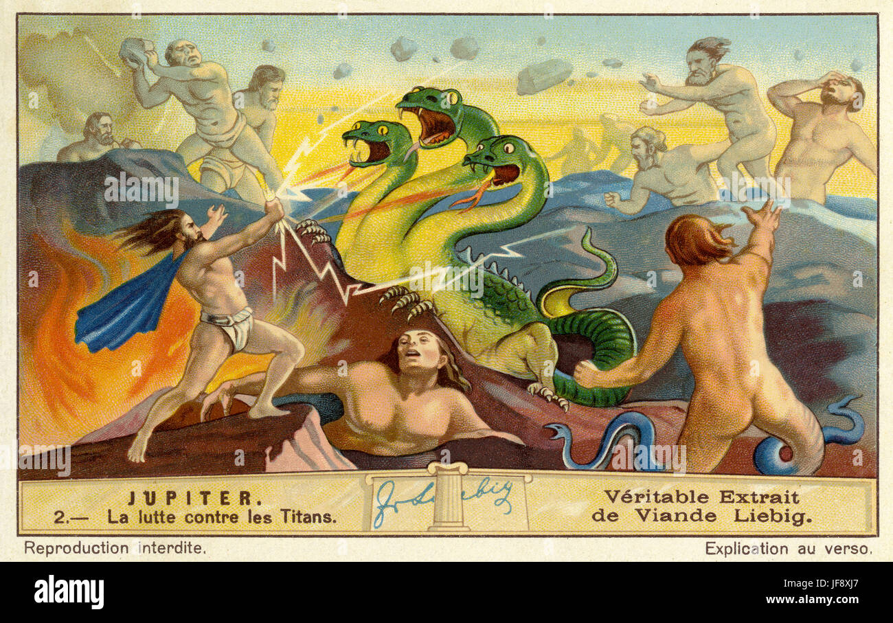 Jupiter im Krieg gegen die Titanen. Liebig Sammler Karte 1932 Stockfoto