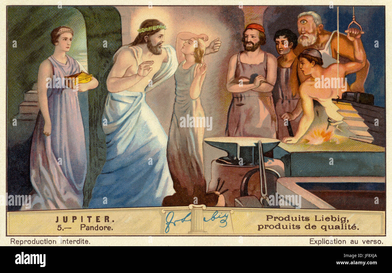 Erstellung von Pandora, die erste menschliche Frau von Zeus / Jupiter. Liebig Sammler Karte 1932 Stockfoto