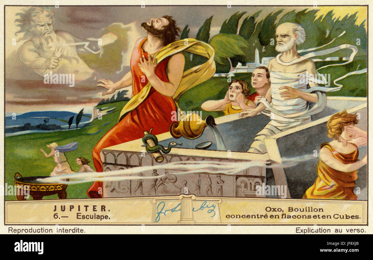 Äskulap / Asklepios getötet von Jupiter / Zeus als Strafe dafür, die Toten wieder zum Leben. Liebig Sammler Karte 1932 Stockfoto