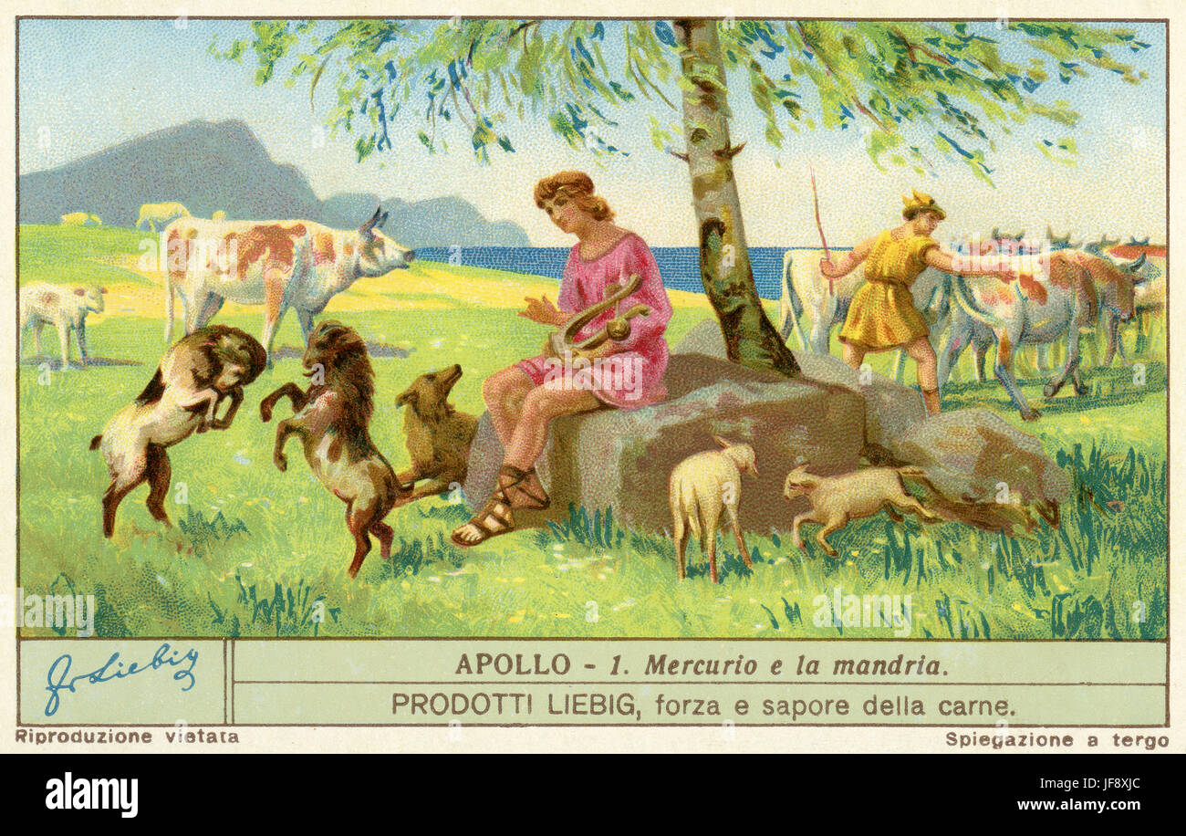 Hermes / Merkurs Diebstahl von Apollos Herde des Viehs. Apollo. Liebig Sammler Karte 1932 Stockfoto