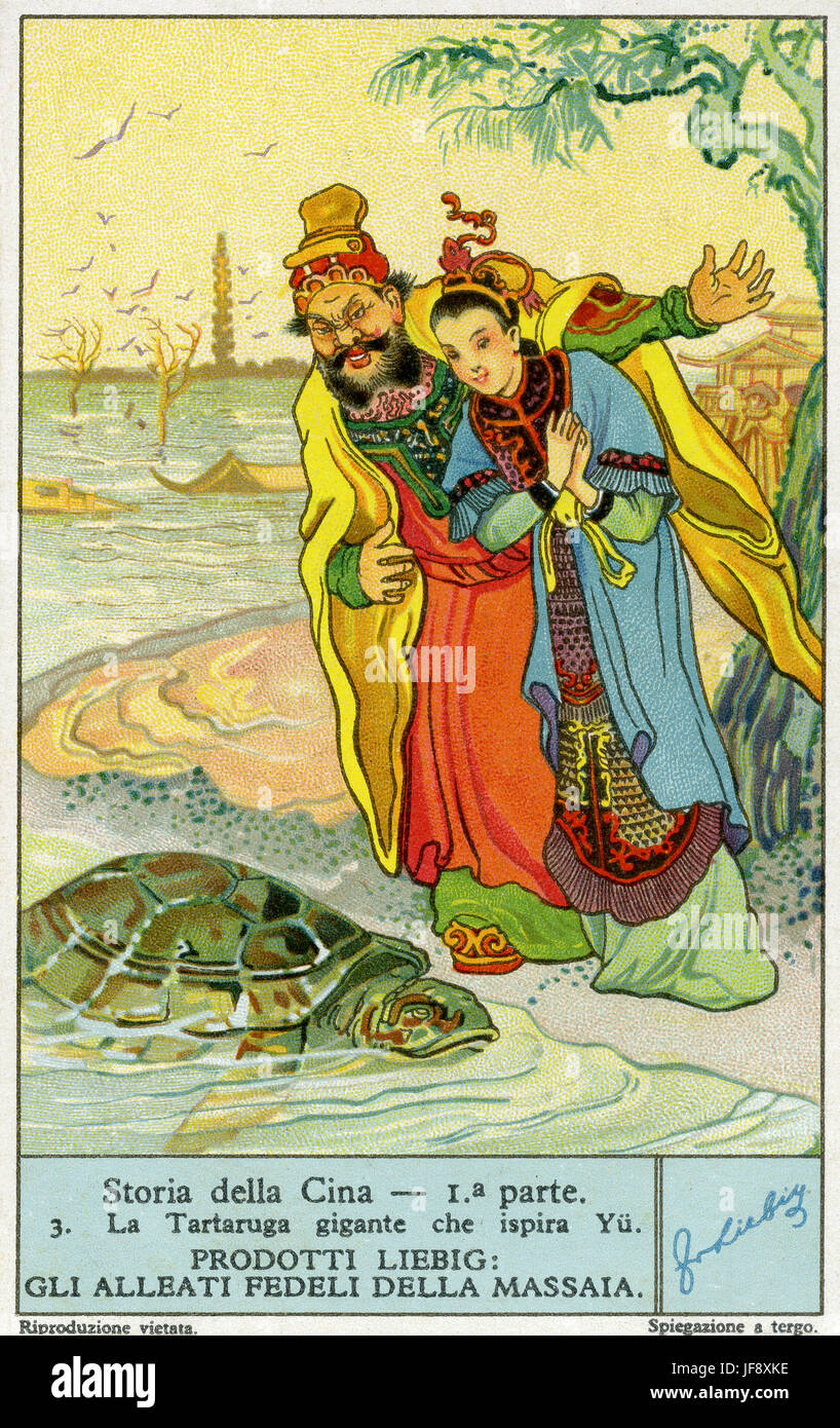 Yu Xia Yu Hsia der große (ca. 2200 – 2100 v. Chr.) und die mythischen Schildkröte sagte ihm die Kontrolle über der Überschwemmungen geholfen zu haben. Geschichte von China. Liebig Sammler Karte 1933 Stockfoto