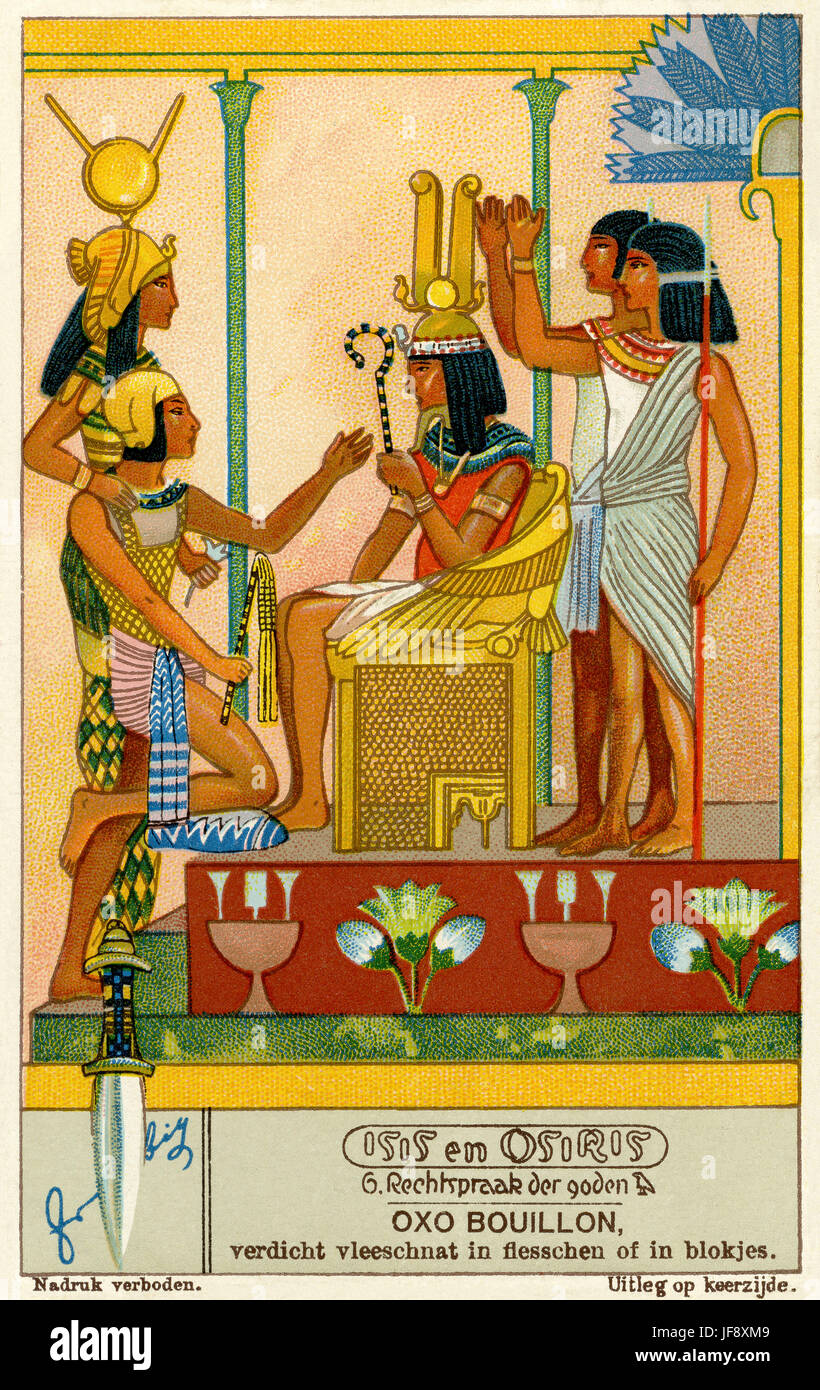 Gericht der Götter - Konflikt zwischen Horus und Set. ISIS und Osiris. Liebig Sammler Karte 1933 Stockfoto