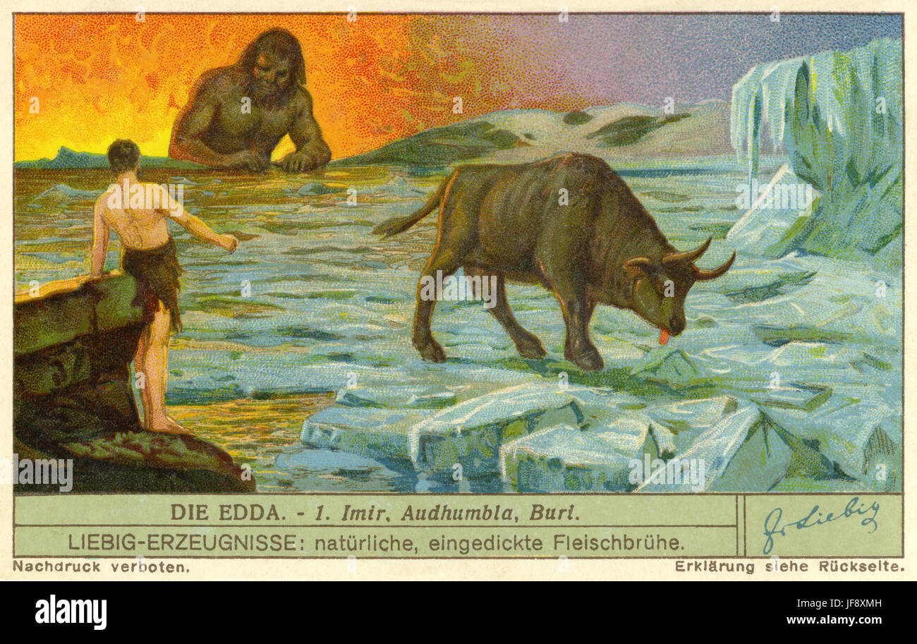 Nordische Schöpfungsmythos - Ymir, Audhumbla und Buri, erstellt von schmelzendem Eis. Edda - nordischen Saga. Liebig Sammler Karte 1934 Stockfoto