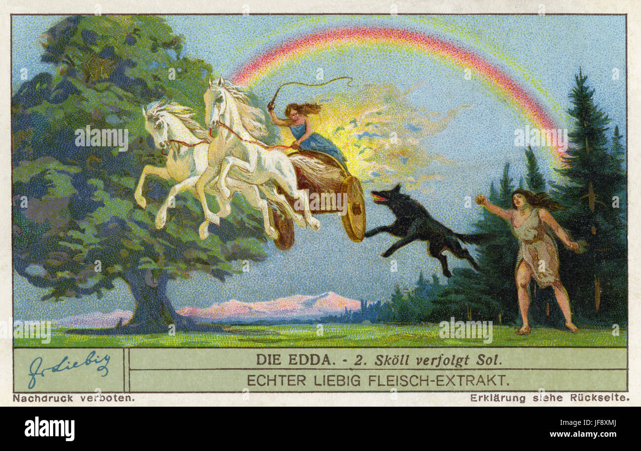 Skoll die Warg / wolf, Sol die Sonne über den Himmel jagen. Edda - nordischen Saga. Liebig Sammler Karte 1934 Stockfoto