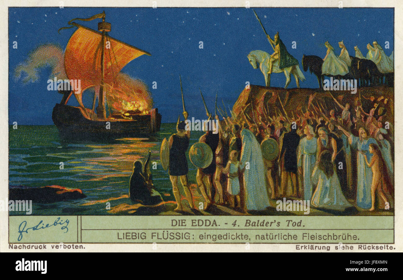 Tod von Baldr (Balder / Baldur), Bestattungsriten, zeremonielle Schiff brennt. Edda - nordischen Saga. Liebig Sammler Karte 1934 Stockfoto