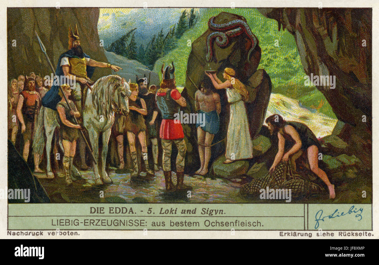 Loki und Sigyn - Loki ist von den Göttern mit einer Venemous Schlange befestigt über ihn gebunden, Frau Lokis Sigyn fängt die Venom in einem Becken. Edda - nordischen Saga. Liebig Sammler Karte 1934 Stockfoto