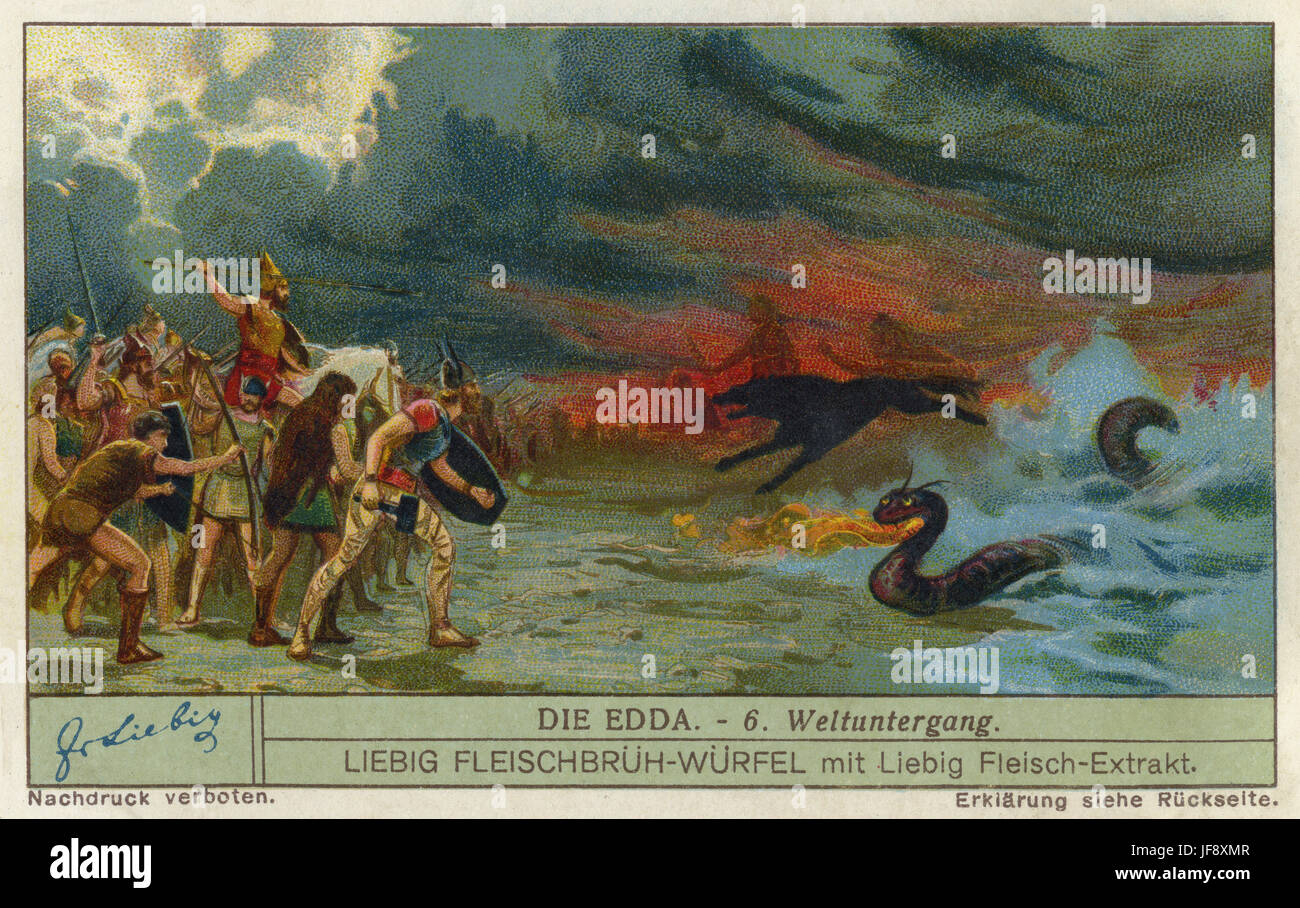 Ragnarok - Norse Apokalypse / Ende der Welt und der Wiedergeburt. Edda - nordischen Saga. Liebig Sammler Karte 1934 Stockfoto