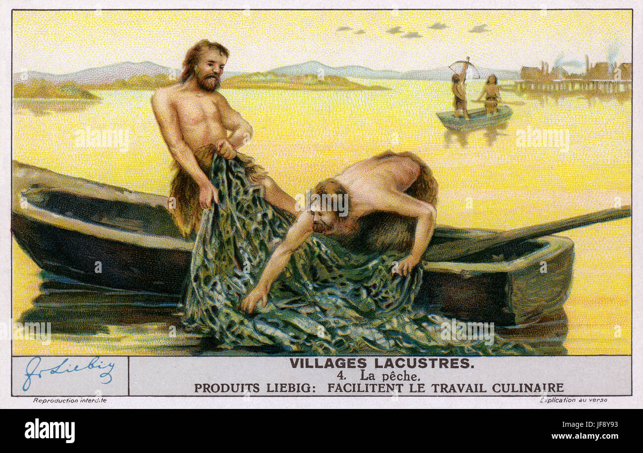 Männer mit Netzen von einem Boot aus Angeln. Bronzezeit lacustrine Dorf, ca. 600 v. Chr.. Liebig-Sammler-Karte, 1939 Stockfoto