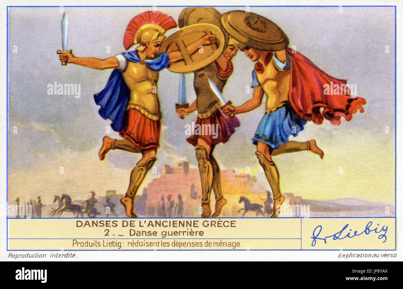 Kriegstanz. Tänze des antiken Griechenlands. Liebig-Sammler-Karte, 1942 Stockfoto