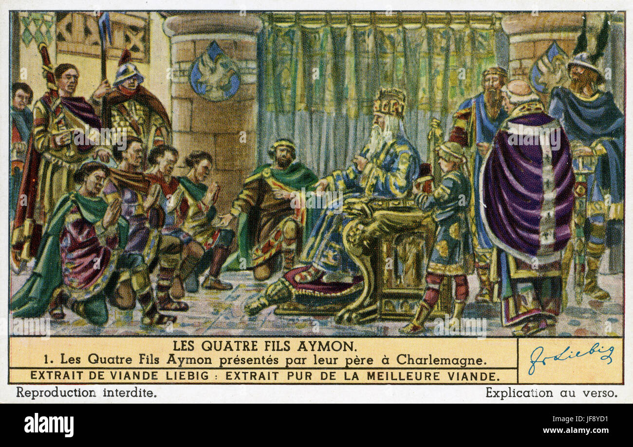 Die vier Söhne von Aymon / Renaud de Montauban. Die vier Söhne der Kaiser Charlemagne präsentiert. Liebig-Sammler-Karte, 1943 Stockfoto