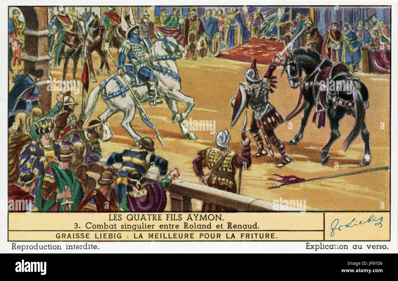 Die vier Söhne von Aymon / Renaud de Montauban. Mann zu Mann Kampf zwischen Roland und Renaud. Liebig-Sammler-Karte, 1943 Stockfoto
