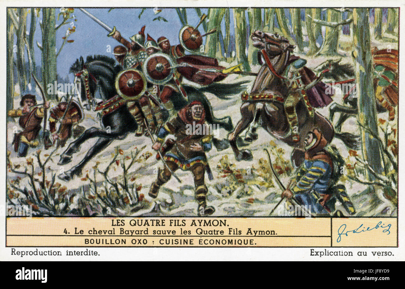 Die vier Söhne von Aymon / Renaud de Montauban. Das verzauberte Pferd Bayard speichert die vier Söhne. Liebig-Sammler-Karte, 1943 Stockfoto