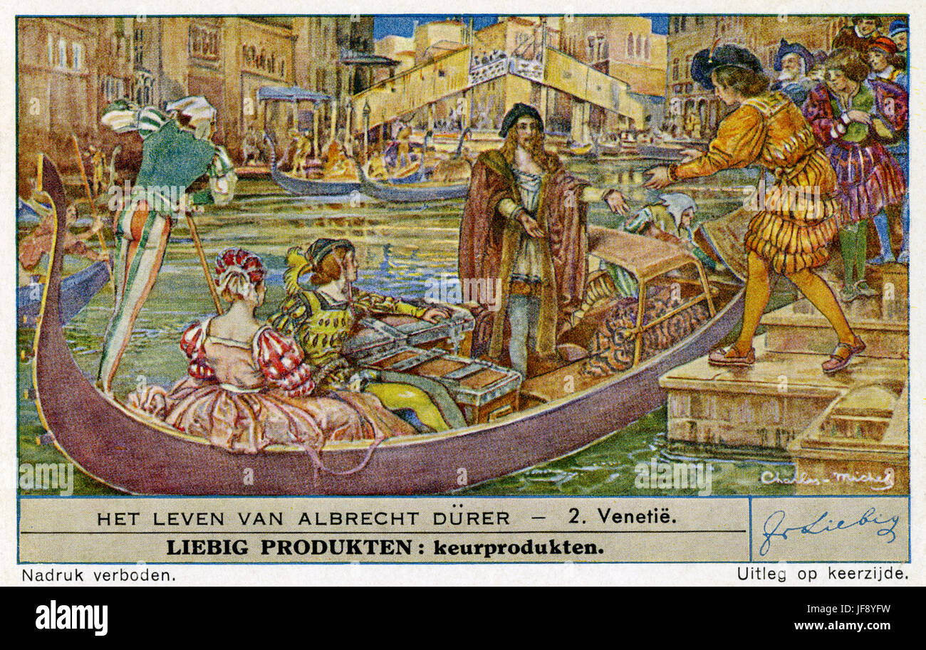 Leben von Albrecht Dürer (21 Mai 1471 – 6 April 1528). Reisen nach Venedig, Italien, 1494-5. Liebig-Sammler-Karte, 1948 Stockfoto