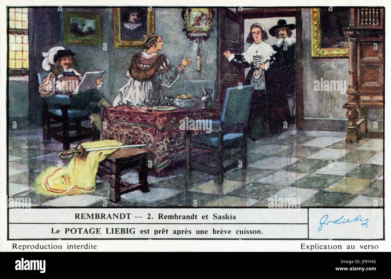 Rembrandt heiratet Saskia van Uylenburgh. Das Leben von Rembrandt van Rijn (15. Juli 1606 – 4. Oktober 1669), niederländischer Maler. Liebig-Sammler-Karte, 1940er Jahre Stockfoto