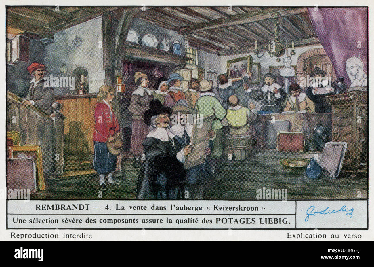 Verkauf von Rembrandts Gemälde und Haushaltsgegenstände in die Keizerskroon. Das Leben von Rembrandt van Rijn (15. Juli 1606 – 4. Oktober 1669), niederländischer Maler. Liebig-Sammler-Karte, 1940er Jahre Stockfoto