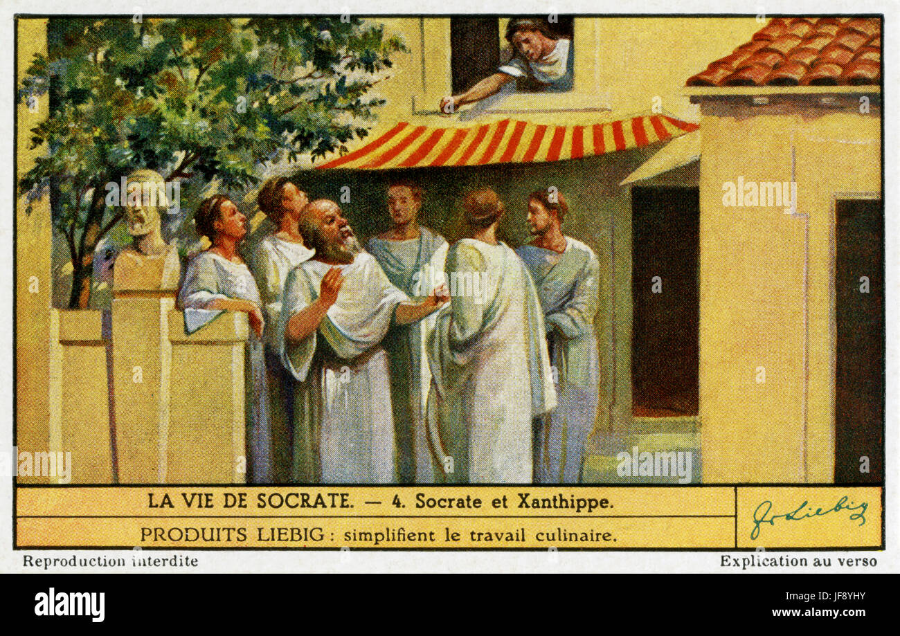 Sokrates und seine Frau Xanthippe (am Fenster). Das Leben des Sokrates (470/469-399 BC), Athener Philosoph. Liebig-Sammler-Karte, 1949 Stockfoto