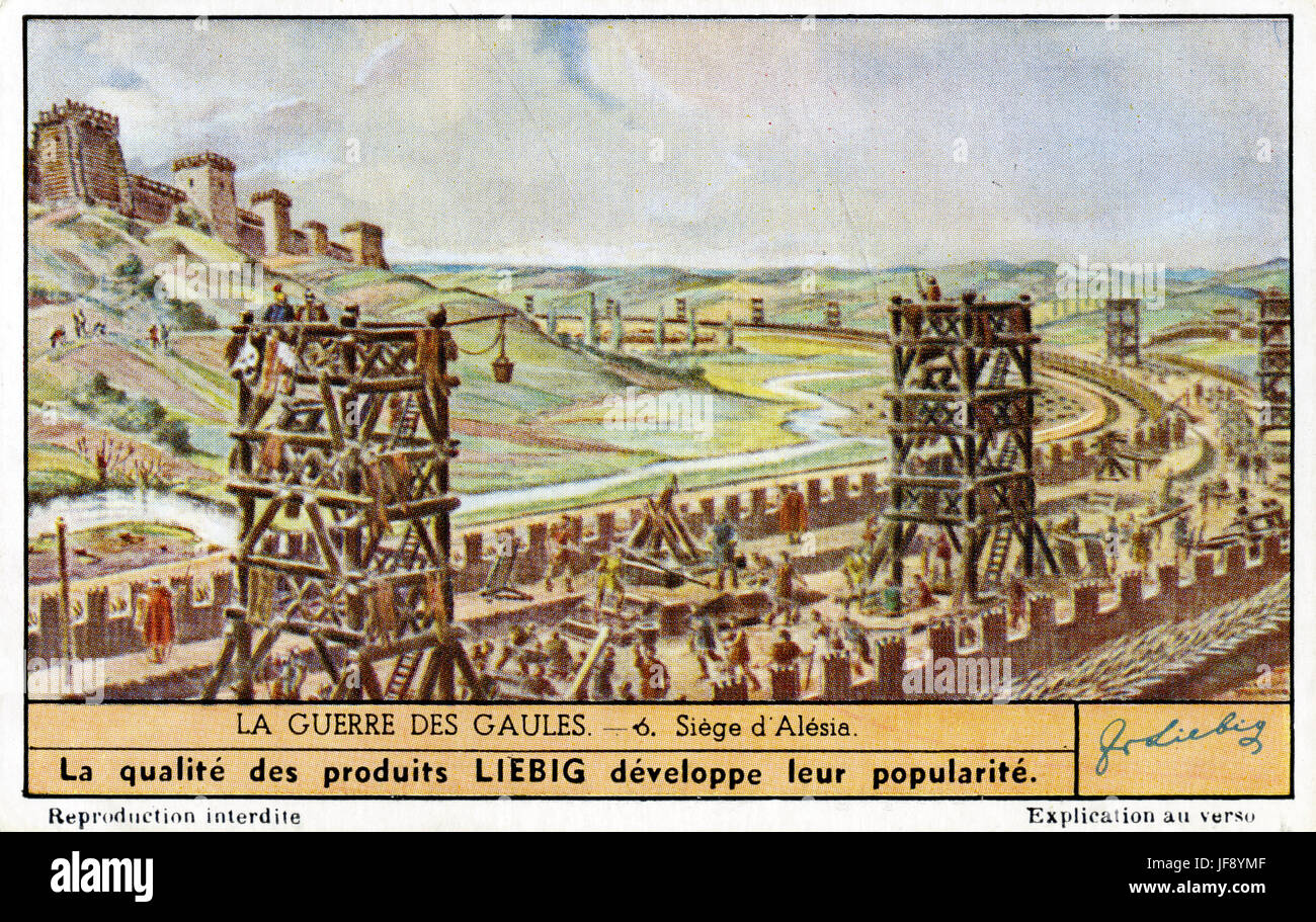 Schlacht von Alesia. Gallischen Krieg (58 v. Chr. bis 50 v. Chr.), militärische Kampagnen unter der Leitung von Julius Caesar gegen die gallischen Stämme. Liebig-Sammler-Karte, 1950 Stockfoto