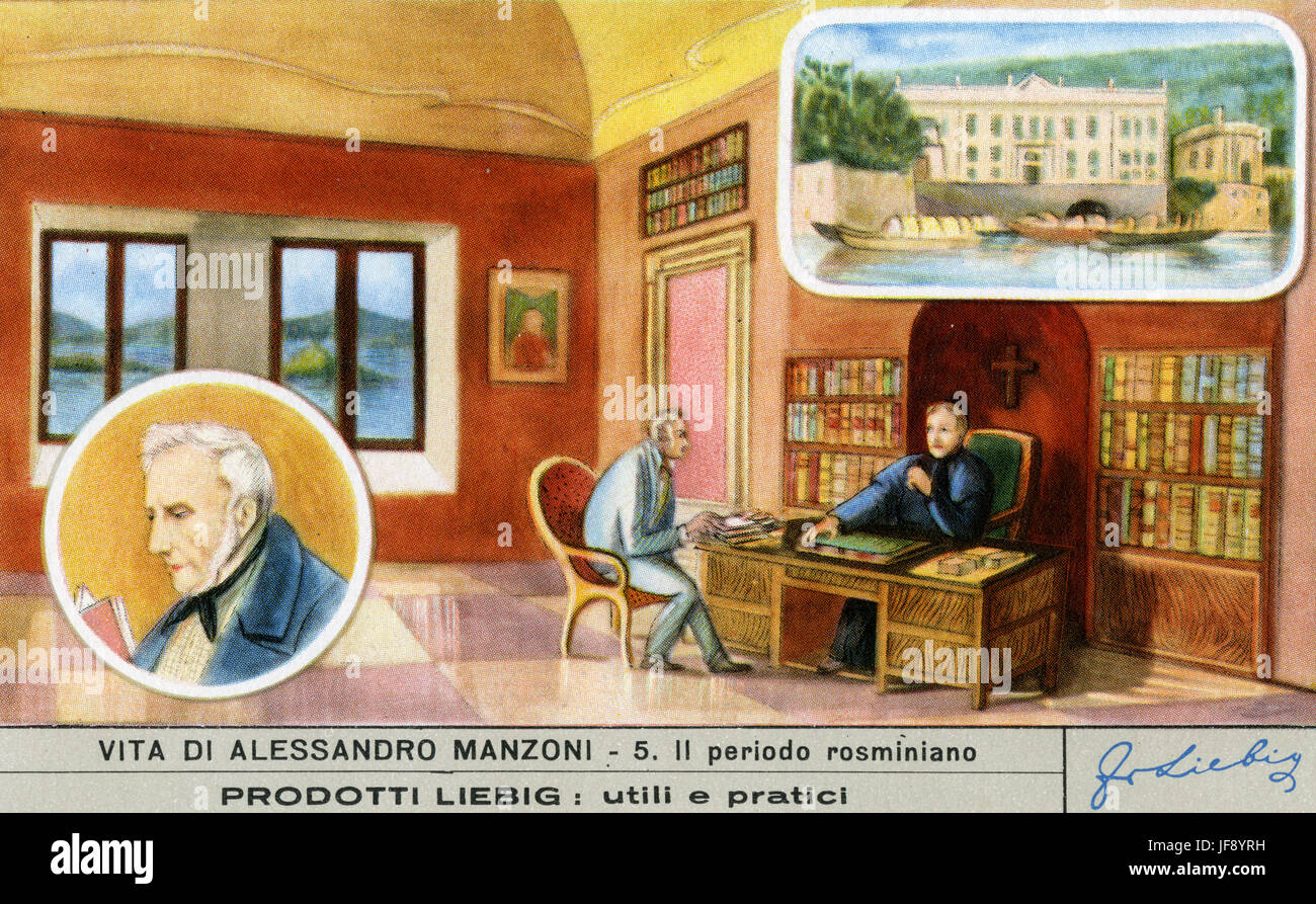 Manzoni und Rosmini. Leben von Alessandro Manzoni (7. März 1785 – 22. Mai 1873), italienischer Schriftsteller. Liebig-Sammler-Karte, 1951 Stockfoto