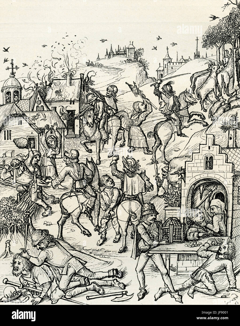 Plünderung eines mittelalterlichen deutschen Dorfes durch ein Raubritter - feudalen Landbesitzer Rückgriff auf Banditentum, geschützt durch seine Rechtsstellung, um finanzielle Schwierigkeiten, 15. Jahrhundert Abbildung zu lindern Stockfoto