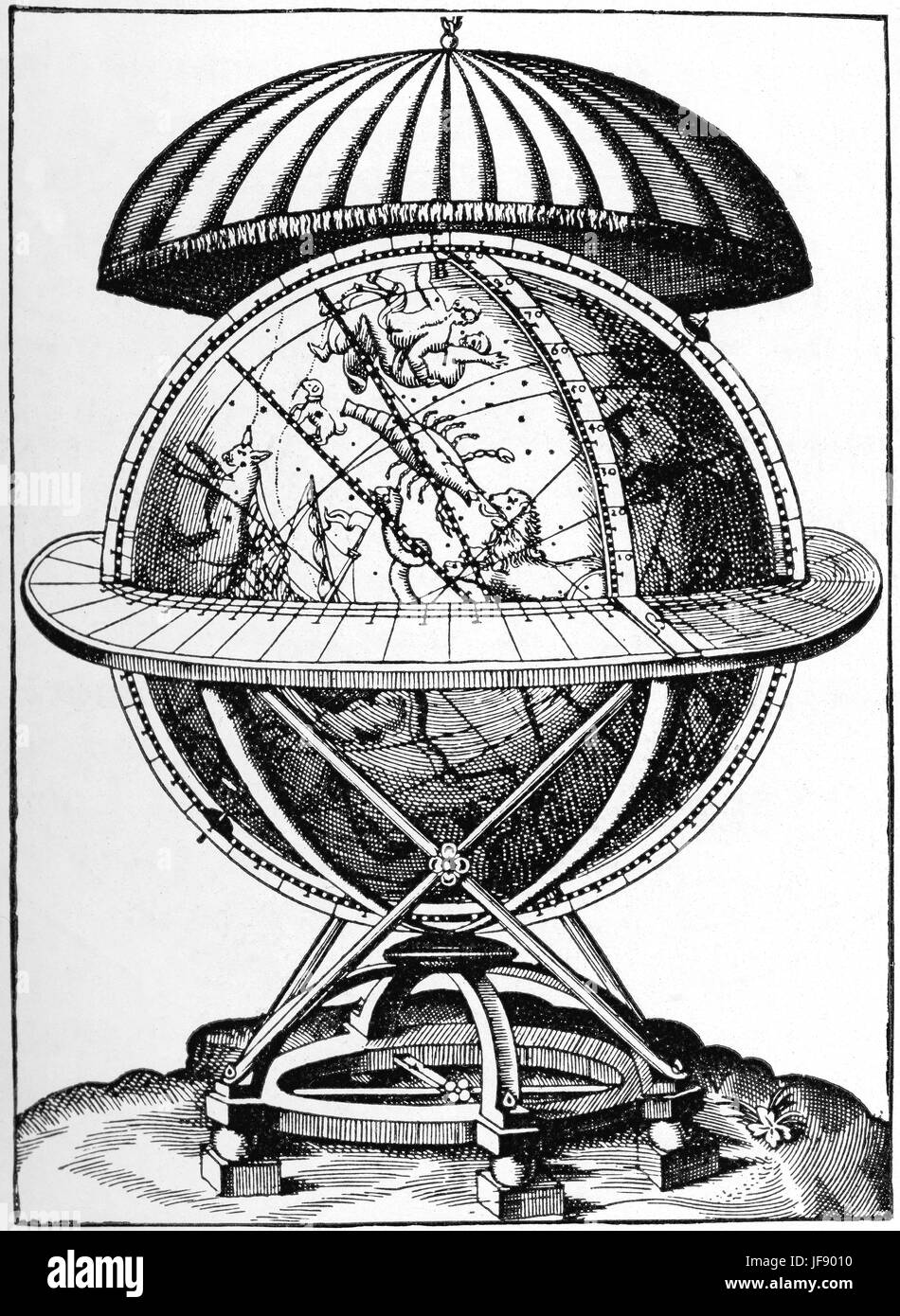Thycho Brahe Himmelsglobus in 1580s gemacht.  Ca. 1,6 Meter im Umkreis, dauerte mehr als 10 Jahren um zu machen.    Die meiste Arbeit beteiligt, machen den hohlen hölzernen Globus als kugelrunden wie möglich, nach dem es in Messing Platten bedeckt war. Der Globus hatte zwei primäre wissenschaftliche Anwendungen: die Position der Sterne beobachtet von Tycho aufzeichnen. 1595 hatte er 1000 genau beobachteten Sterne auf der ganzen Welt eingeschrieben. Jedoch sollte es ursprünglich als eine Rechenmaschine. Durch zusätzliche Kreise, die lokalen Azimut / Höhe Koordinaten, gemessen mit Brahes Instrumente in umgewandelt wurden die Stockfoto