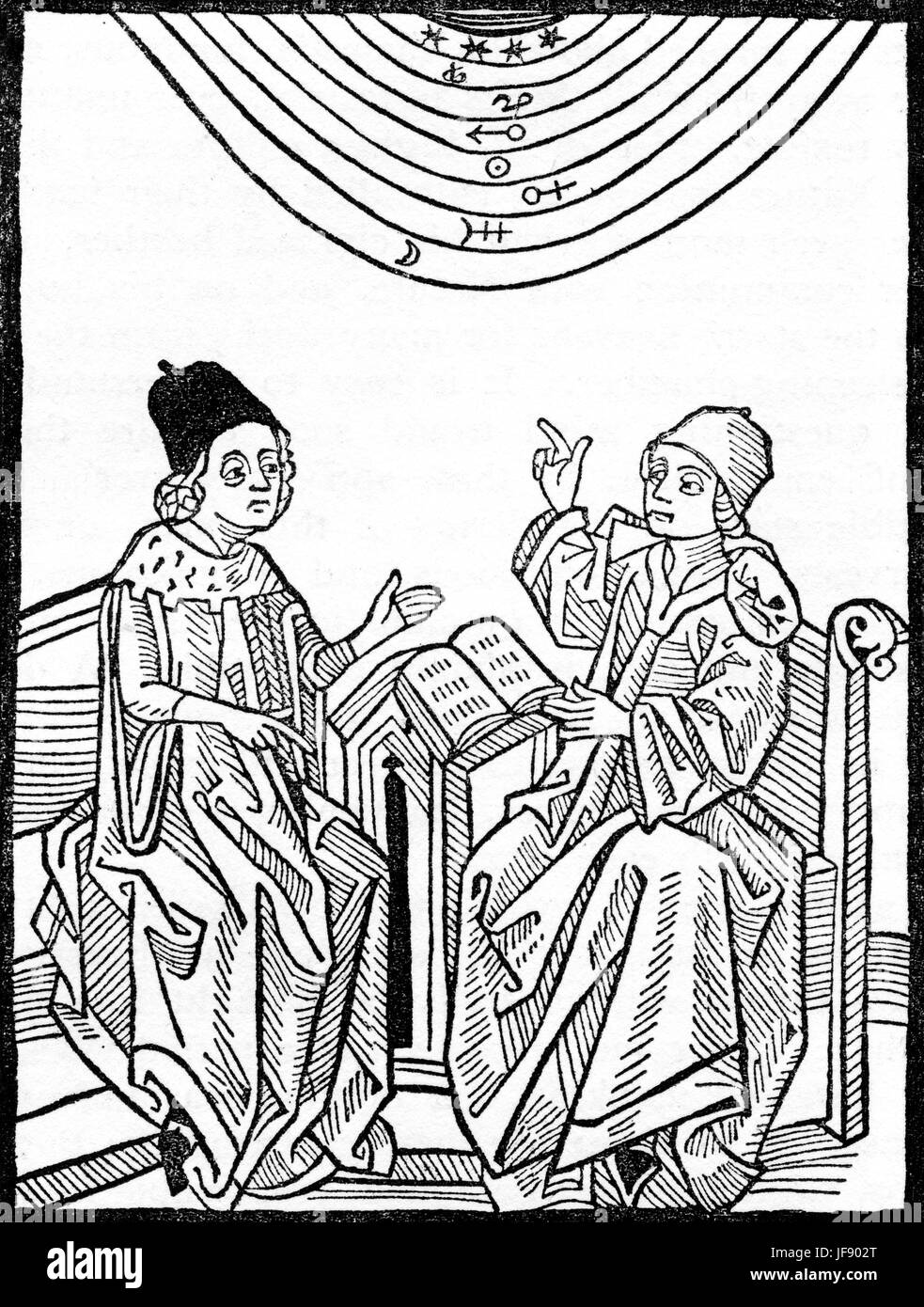 Die Schule der Astrologie. Zwei mittelalterliche Gelehrte diskutieren Signes des Tierkreises und den Sternen. Stockfoto