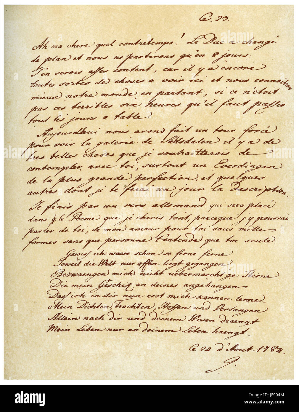 Handschriftlichen Brief von Johann Wolfgang von Goethe an Charlotte von Stein, mit dem Gedicht "Gewiß Ich Waere Schon so Ferne-Ferne" Stockfoto