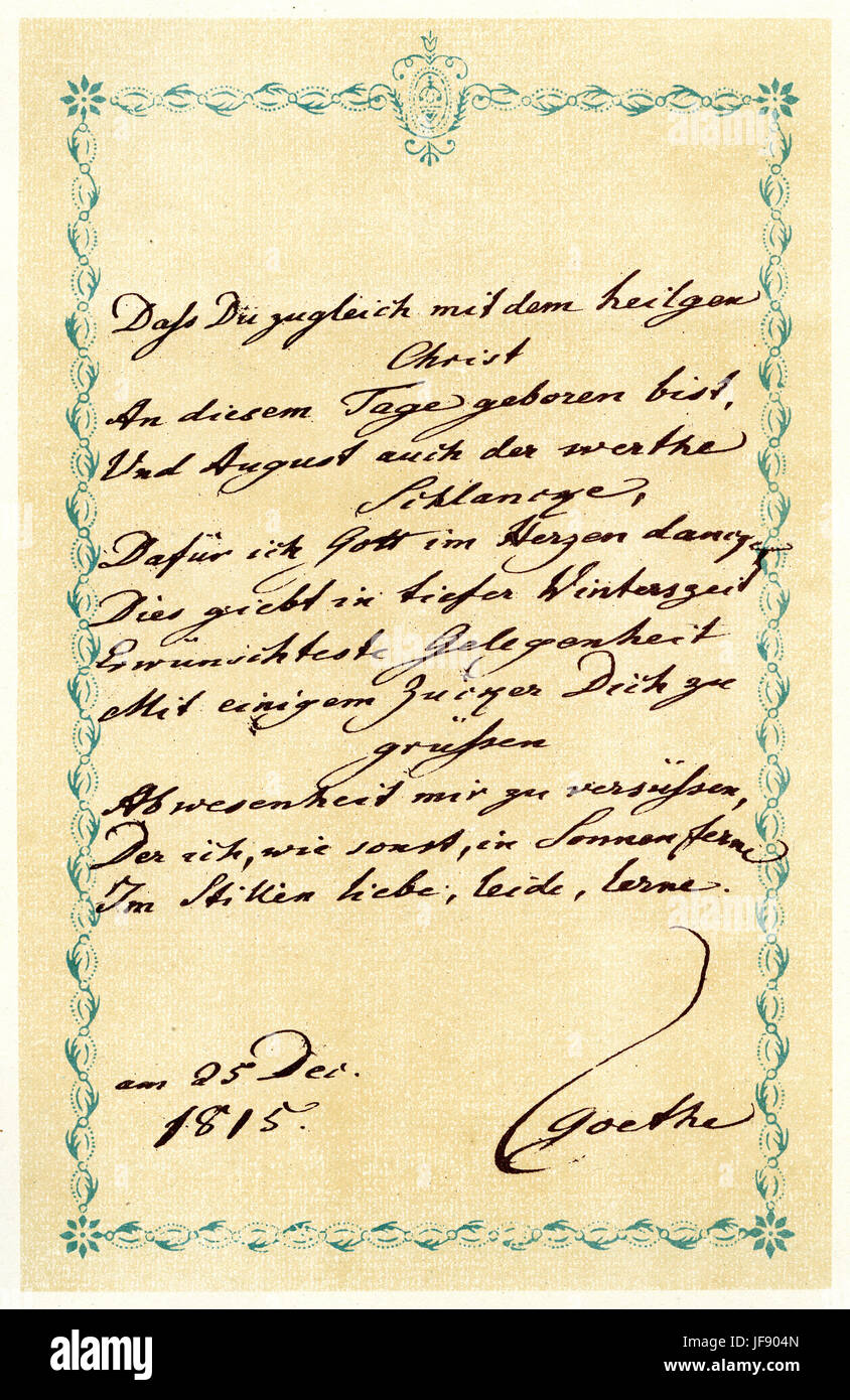 Handschriftlichen Gedicht von Johann Wolfgang von Goethe an Charlotte von Stein an ihrem Geburtstag, 25. Dezember 1815 - "Dass Du Zugleich Mit Dem Heilgen Christ / eine Sozialversicherungsnummer Tage erschienene Bist" Stockfoto