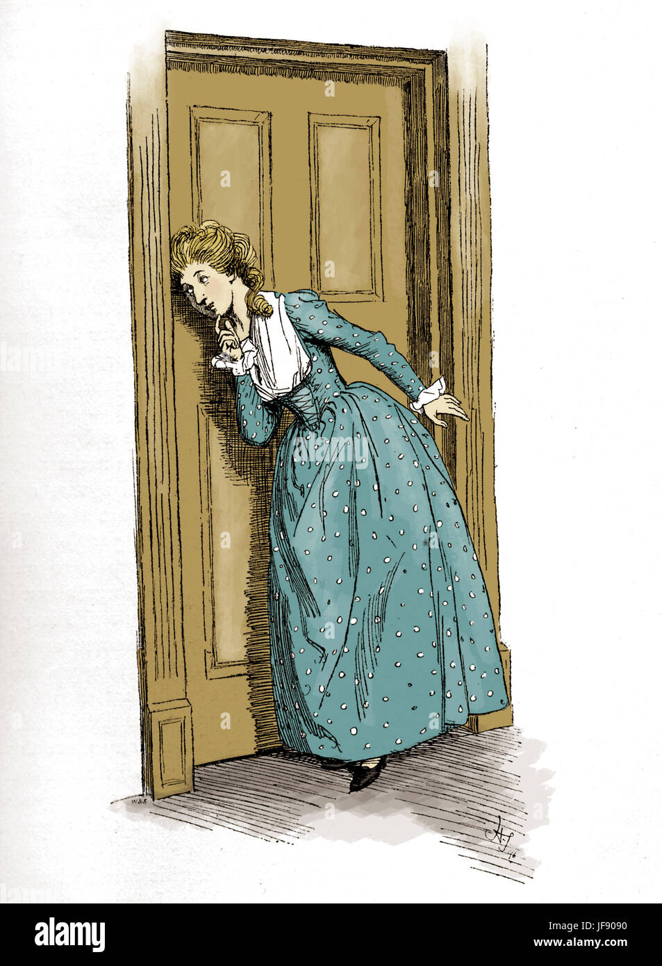 "Sense and Sensibility" von Jane Austen - Bildunterschrift lautet: Elinor lauscht an der Tür. Zuerst veröffentlicht 1896, Kapitel XXXVIII. Illustration von Hugh Thomson (1860-1920). 1896. JA, englischer Schriftsteller: 16. Dezember 1775 – 18. Juli 1817 Stockfoto