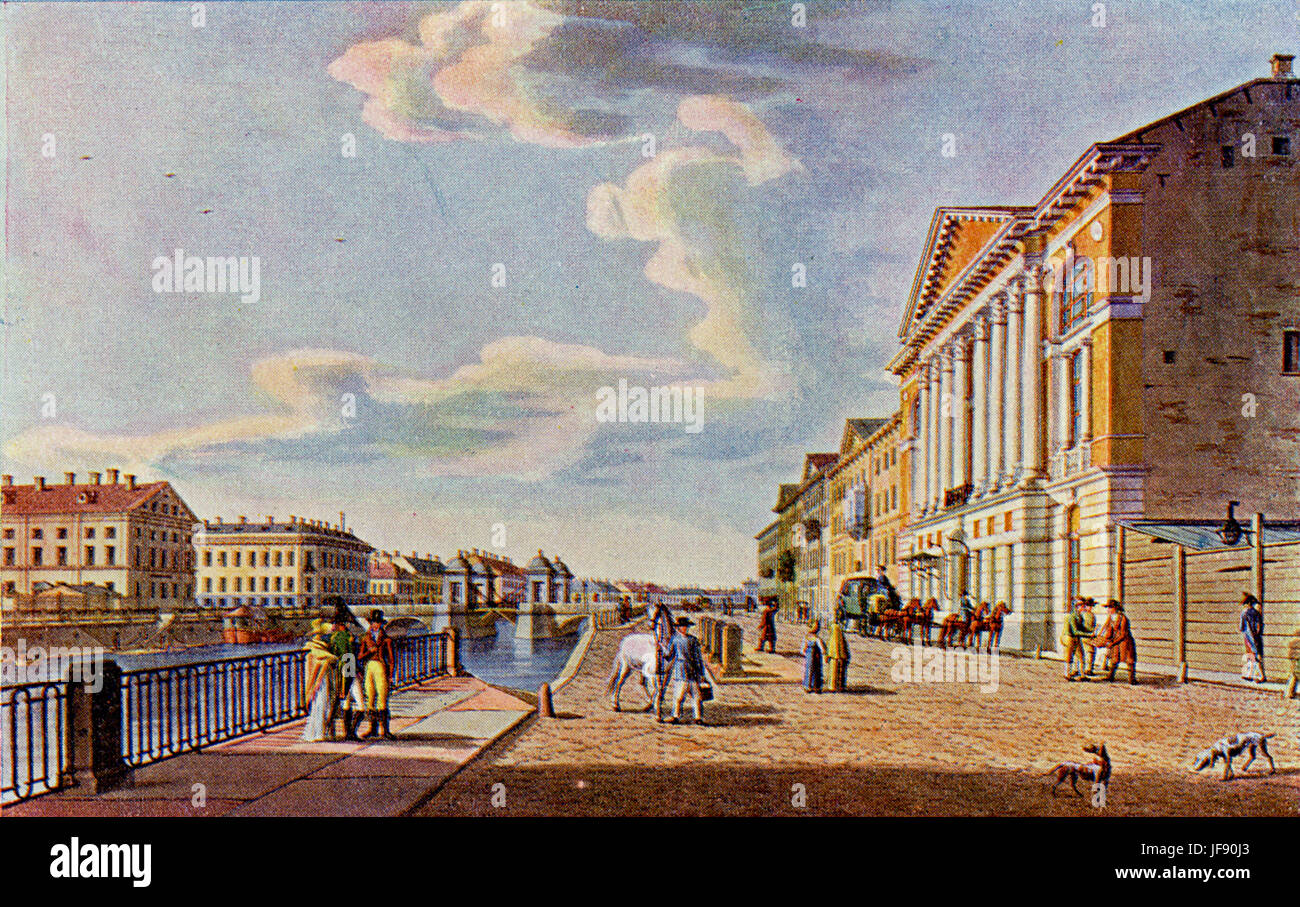 Annichkov Brücke über den Fluss Fontanka mit einem Blick auf Naryschkin House, St. Petersburg, am Ende des 18. Jahrhunderts. Aquarell von B. Paterson Stockfoto