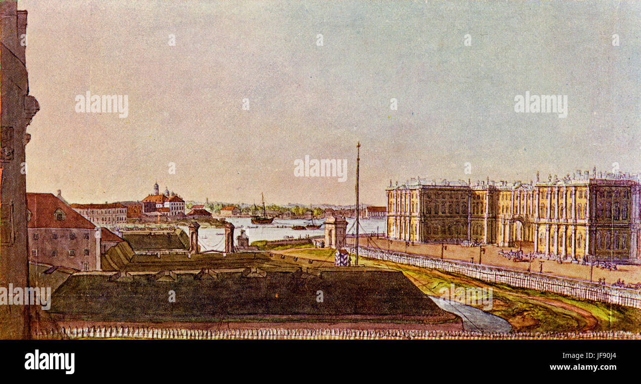 Winterpalast und Admiralität, St. Petersburg, während der Herrschaft von Catherine II / Katharina die große. Aquarell von Alexander Benois Stockfoto