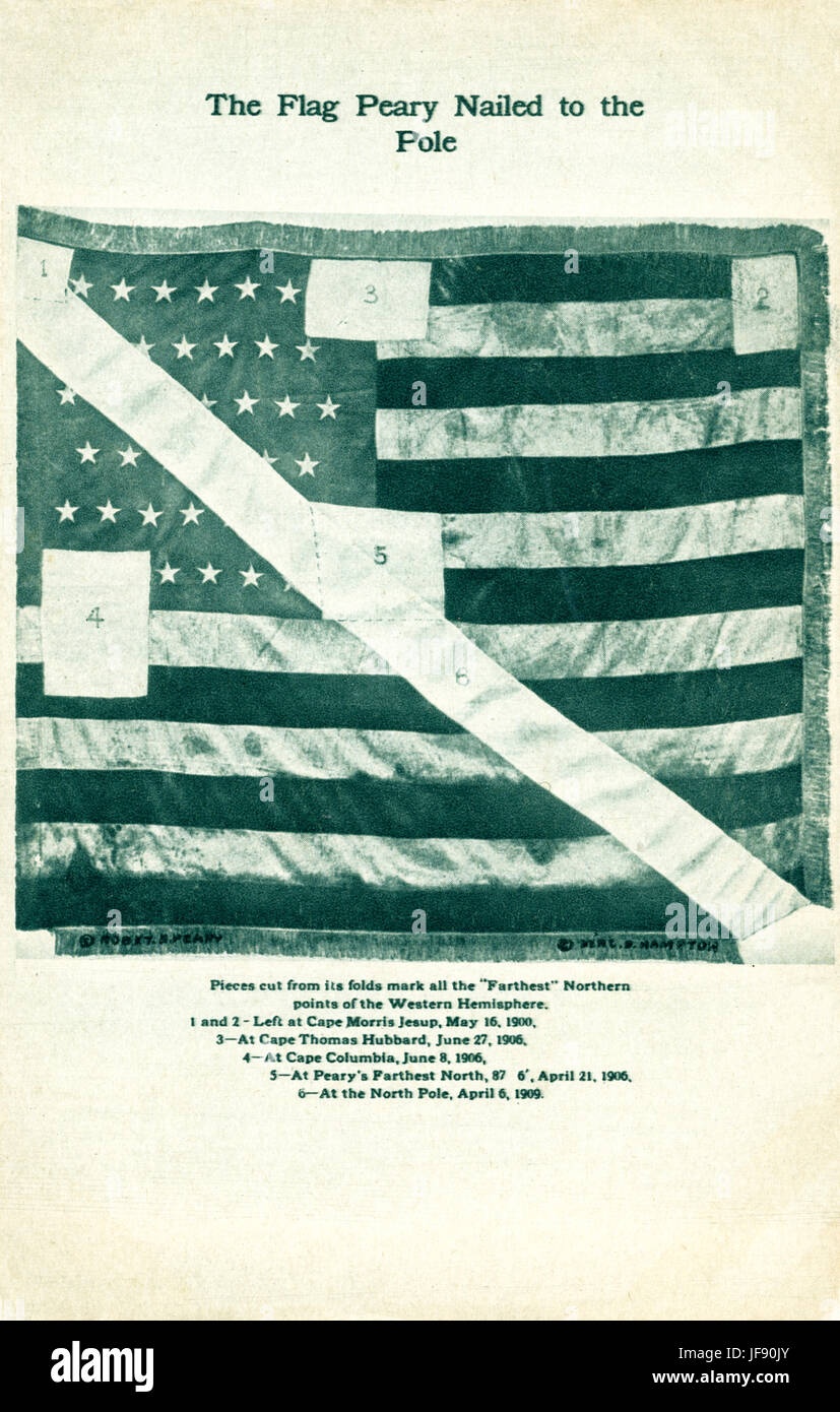 Die Flagge der Vereinigten Staaten von Commander Robert Peary am Nordpol auf seiner Expedition 1909 genagelt. Amerikanische Arctic Explorer (1856 – 1920) Stockfoto