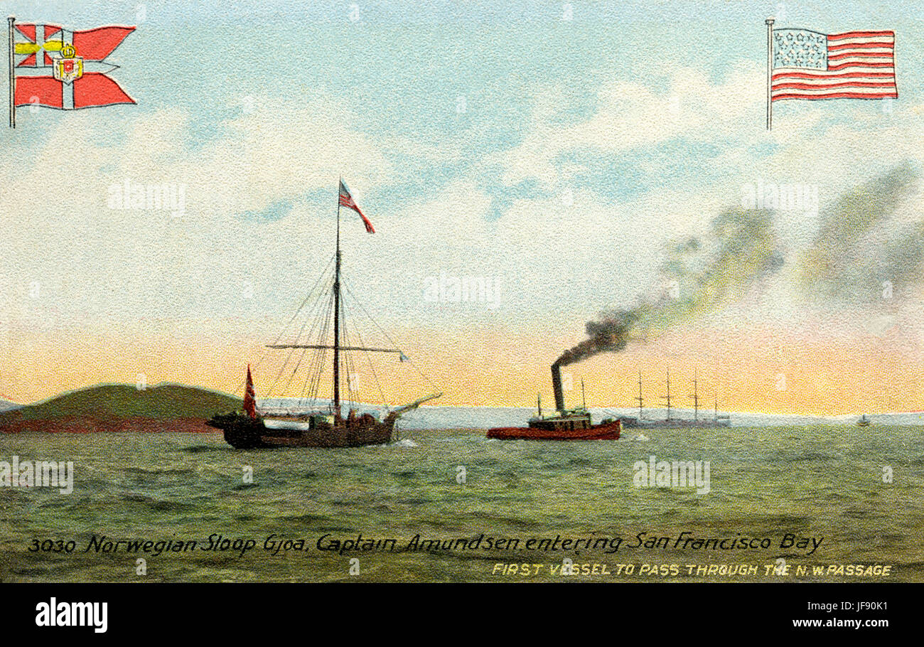 Die norwegische Sloop Gjoa Eintritt in die Bucht von San Francisco 1906. Das erste Schiff der Nordwestpassage durchfahren. Sechs Mann Besatzung, Kapitän von norwegischen Forscher Roald Amundsen (16. Juli 1872 – c. 18. Juni 1928). Stockfoto