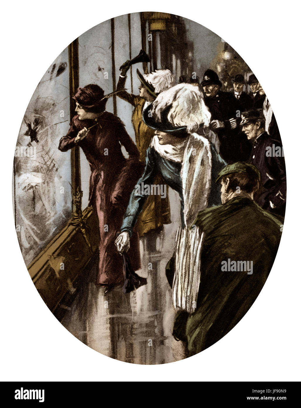 Suffragetten - Zeichnung von Frauen Zerschlagung Schaufenster in London, März 1912. Stimmrecht für Frauen, die Rechte der Frauen. Stockfoto