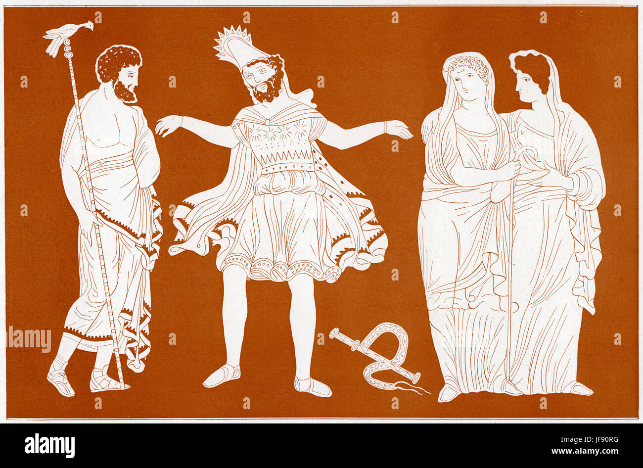 König Ödipus - Tiresias, Ödipus, zwei thebanischen Mädchen. 19. Jahrhundert Darstellung im Stil der antiken griechischen rote Figur Keramik. Stockfoto