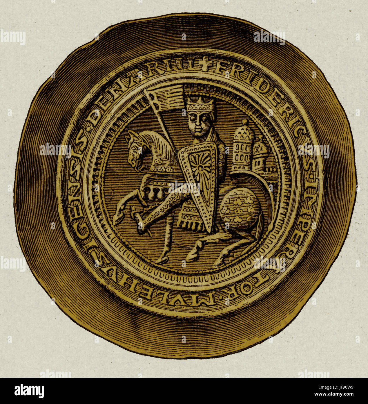 Friedrich Barbarossa / Friedrich ich (1122 – 10. Juni 1190), Heiliger römischer Kaiser, Brakteat Münze mit Darstellung der Barbarossa Reiten Stockfoto