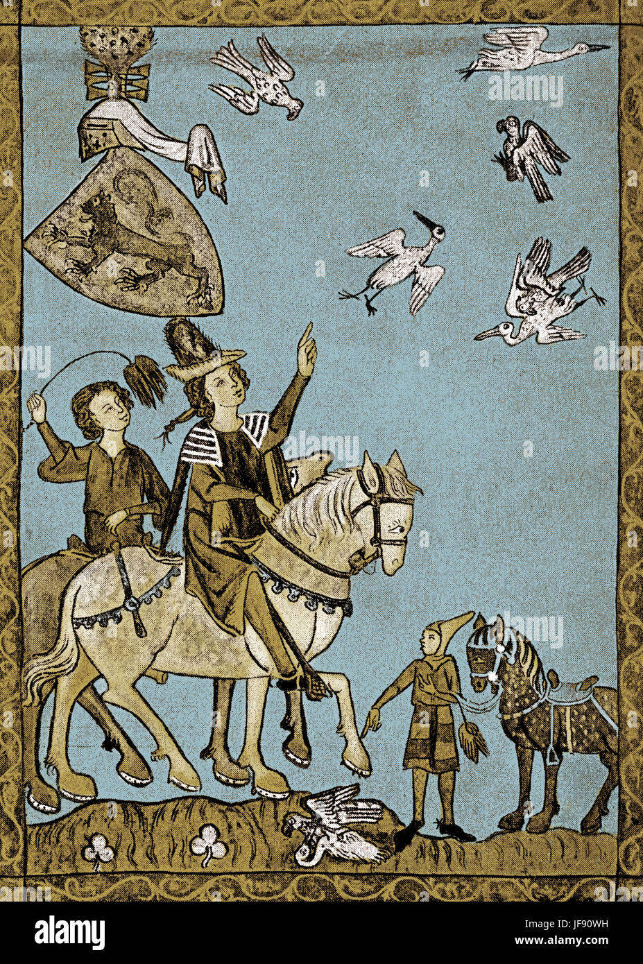 Mittelalterliche Falknerei - Jagd Federwild mit Falken, Miniaturmalerei, Heidelberg, c. 1300 Stockfoto