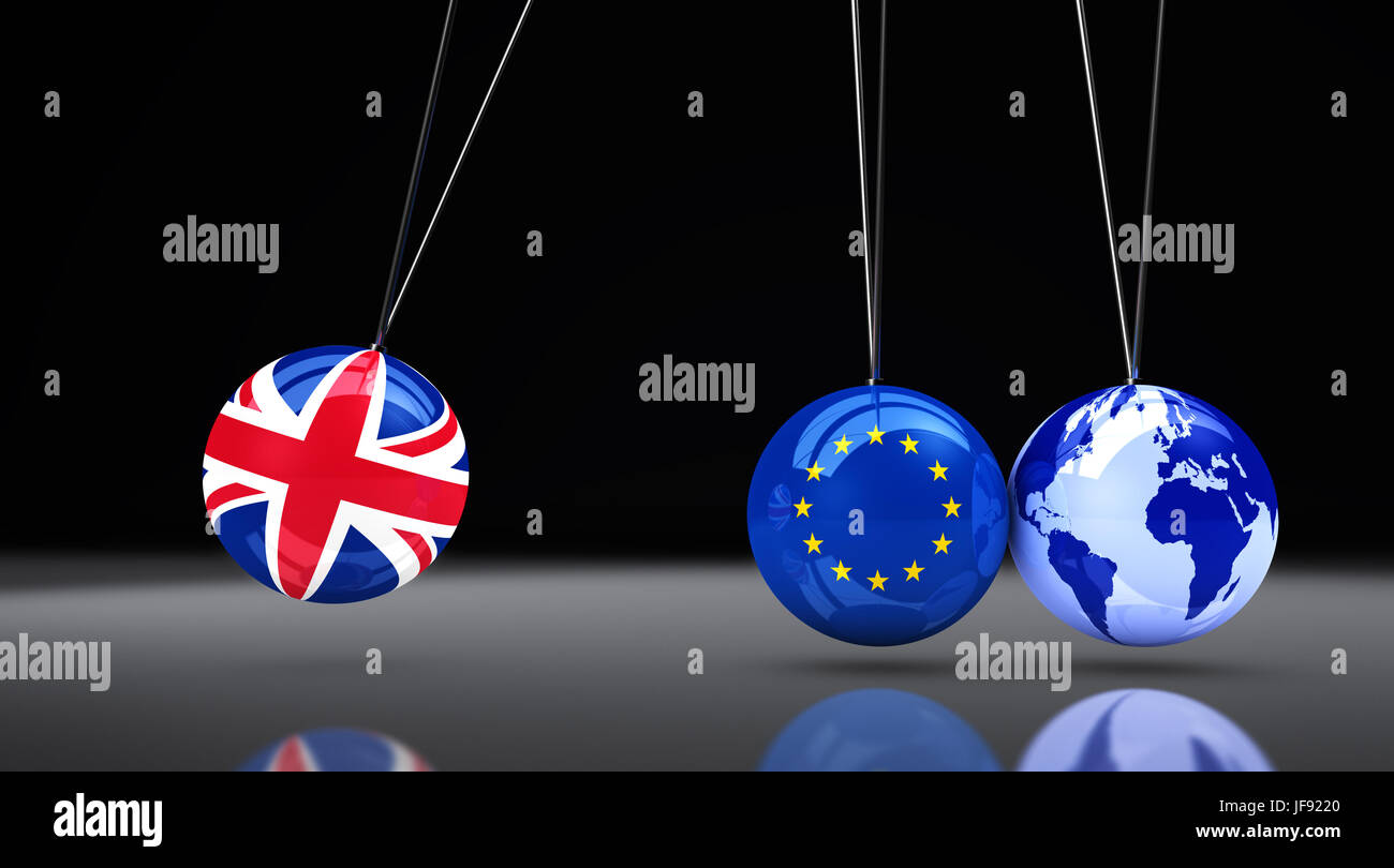 Brexit globale Auswirkungen und Konsequenzen Geschäftskonzept mit Union Jack, EU-Flagge auf Kugeln und Welt Karte Globus 3D Illustration. Stockfoto