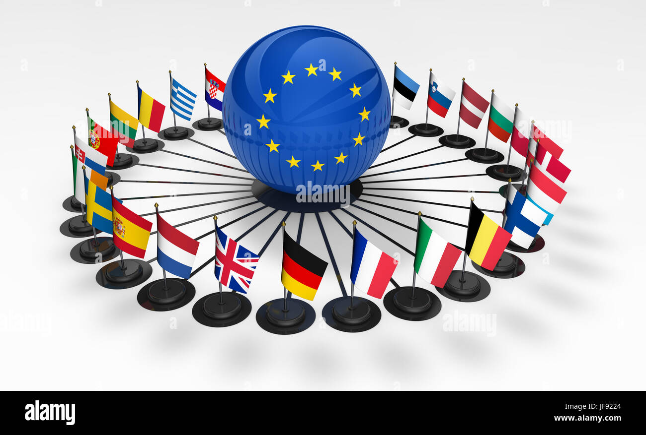 Europäische Union Flaggen und Business-Beziehungen-Netzwerk in EU Konzept 3D Abbildung. Stockfoto