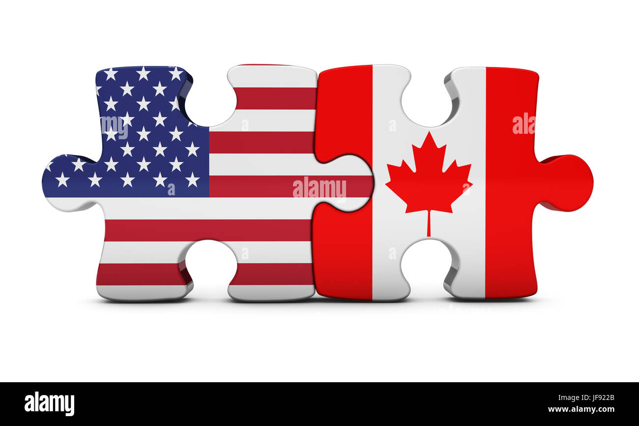 USA und Kanada bilaterale Zusammenarbeit und Handel Beziehungen Konzept mit US und kanadische Flagge auf puzzle-Stücke 3D-Illustration auf weißem Hintergrund. Stockfoto