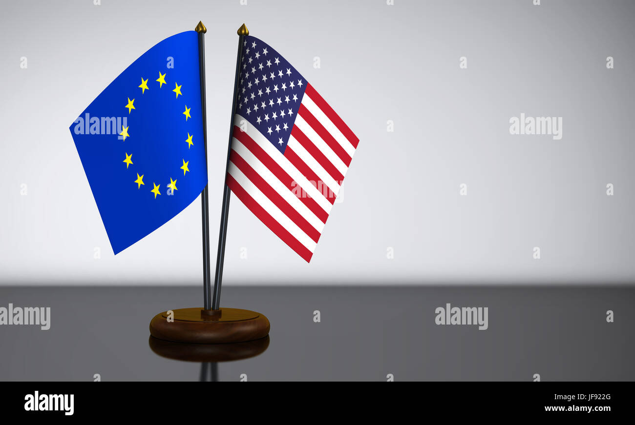 USA und Europäische Union bilaterale Beziehungen-Konzept mit EU und USA Flagge auf grauem Hintergrund 3D Illustration. Stockfoto