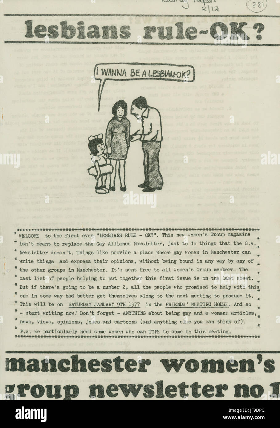 Ein Newsletter der Manchester Women's Group, in dem ihre Aktivitäten, ihre Fürsprache und ihre Beteiligung an der Gemeinschaft hervorgehoben werden. Stockfoto