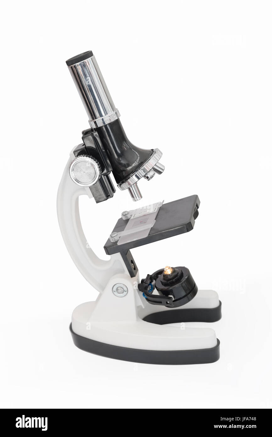 Mikroskop isoliert auf weißem Stockfoto