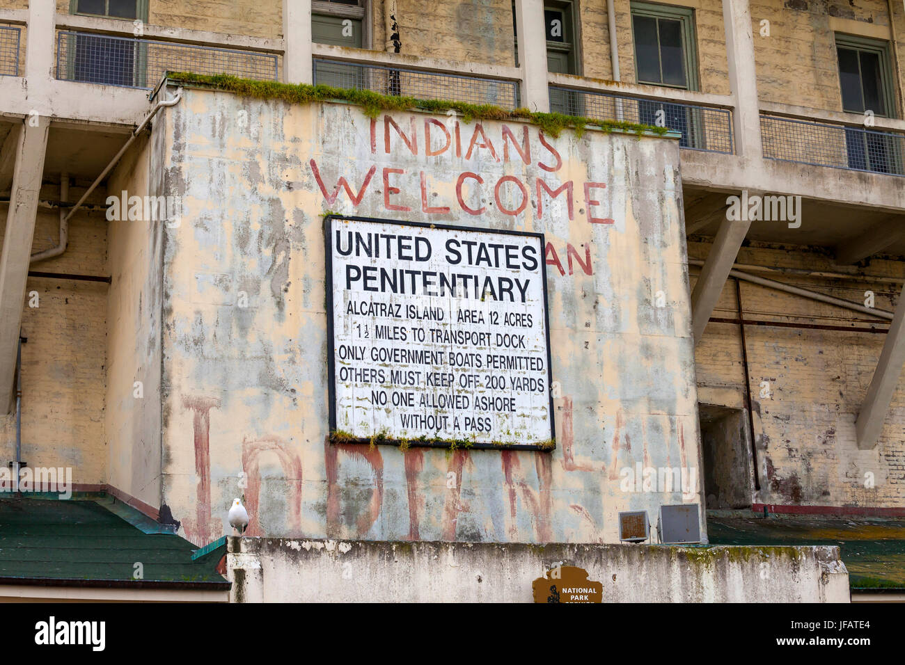 Schild am Eingang des Gefängnis Alcatraz, San Francisco, Kalifornien, USA Stockfoto