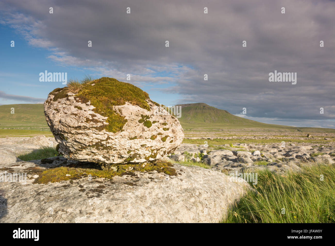 Kalkstein-Felsen und Ingleborough Stockfoto
