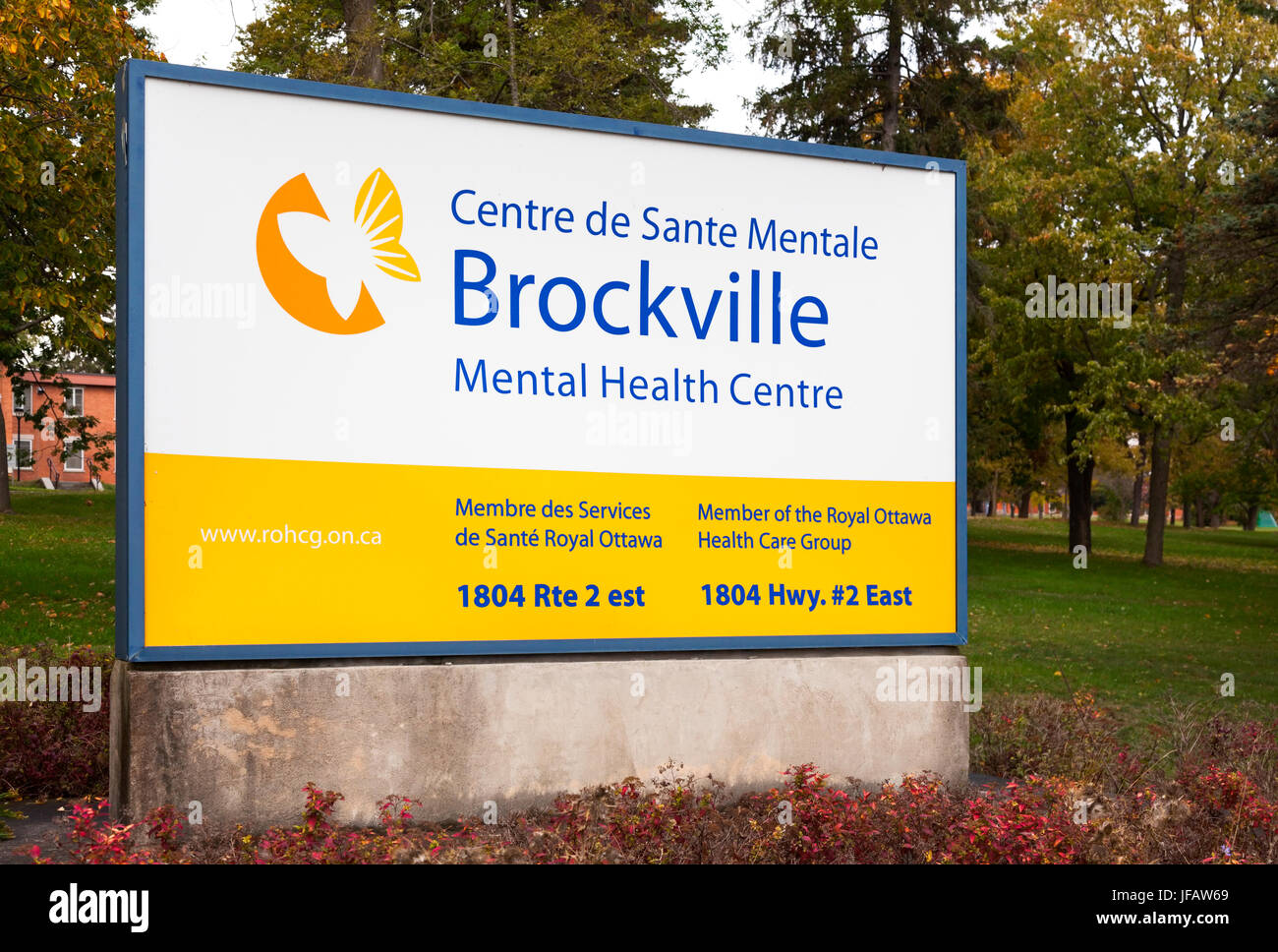 Das Zeichen für die Brockville Mental Health Centre in Brockville, Ontario, Kanada. Stockfoto