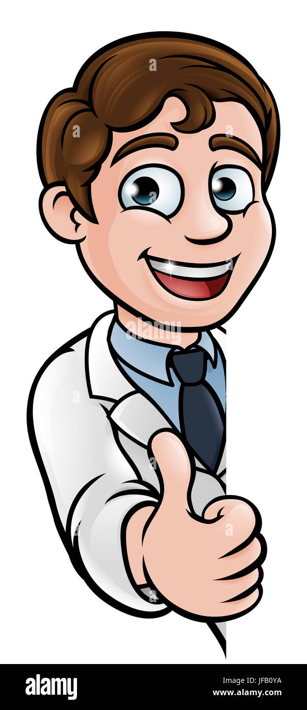 Ein Cartoon Wissenschaftler Professor tragen Labor weißen Mantel spähen, um Zeichen und geben einen Daumen nach oben Stockfoto