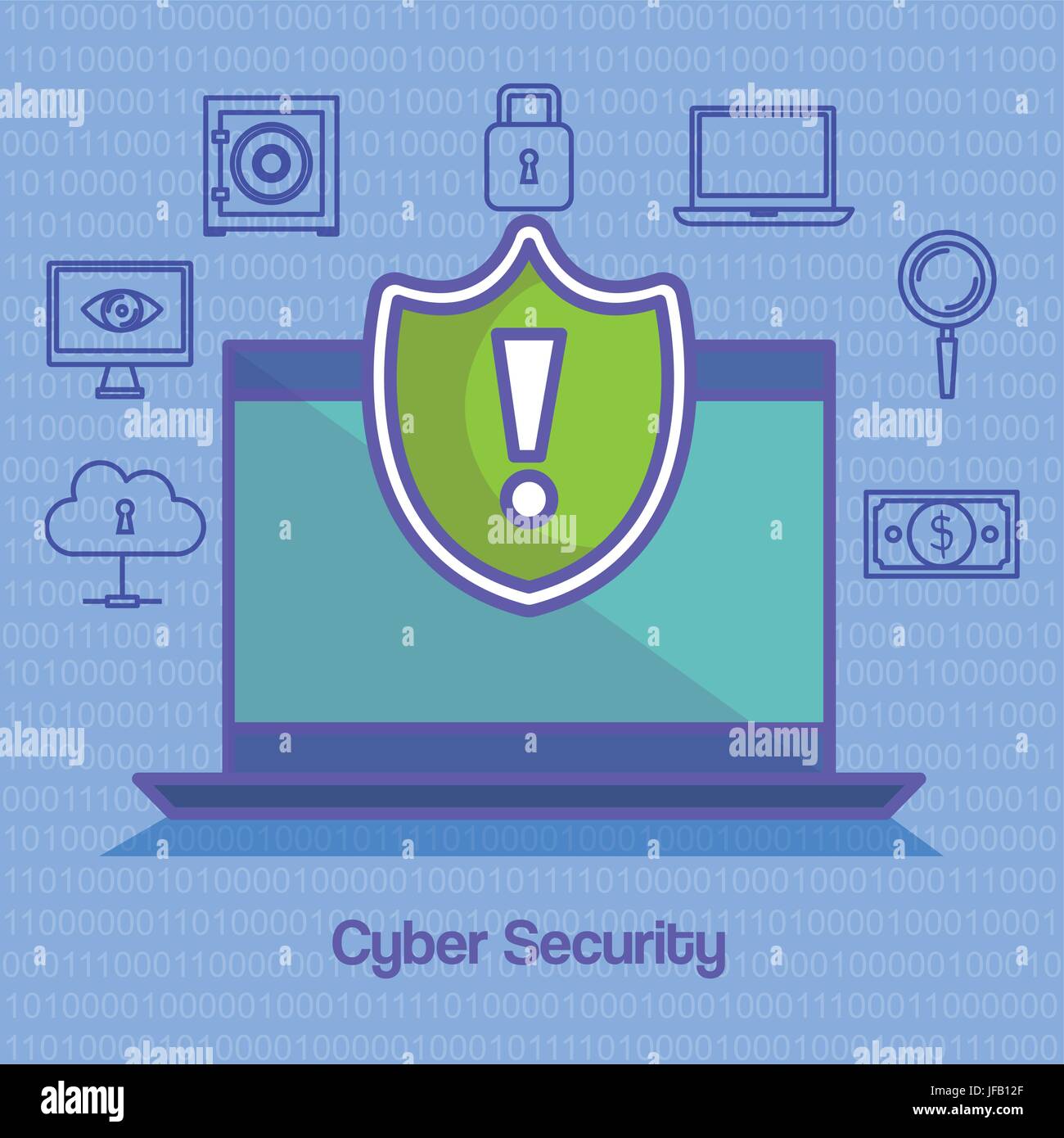 Laptop mit Schild und handgezeichneten Cyber-Sicherheit im Zusammenhang mit Ikonen über blauer Hintergrund mit Binär-Code Stock Vektor