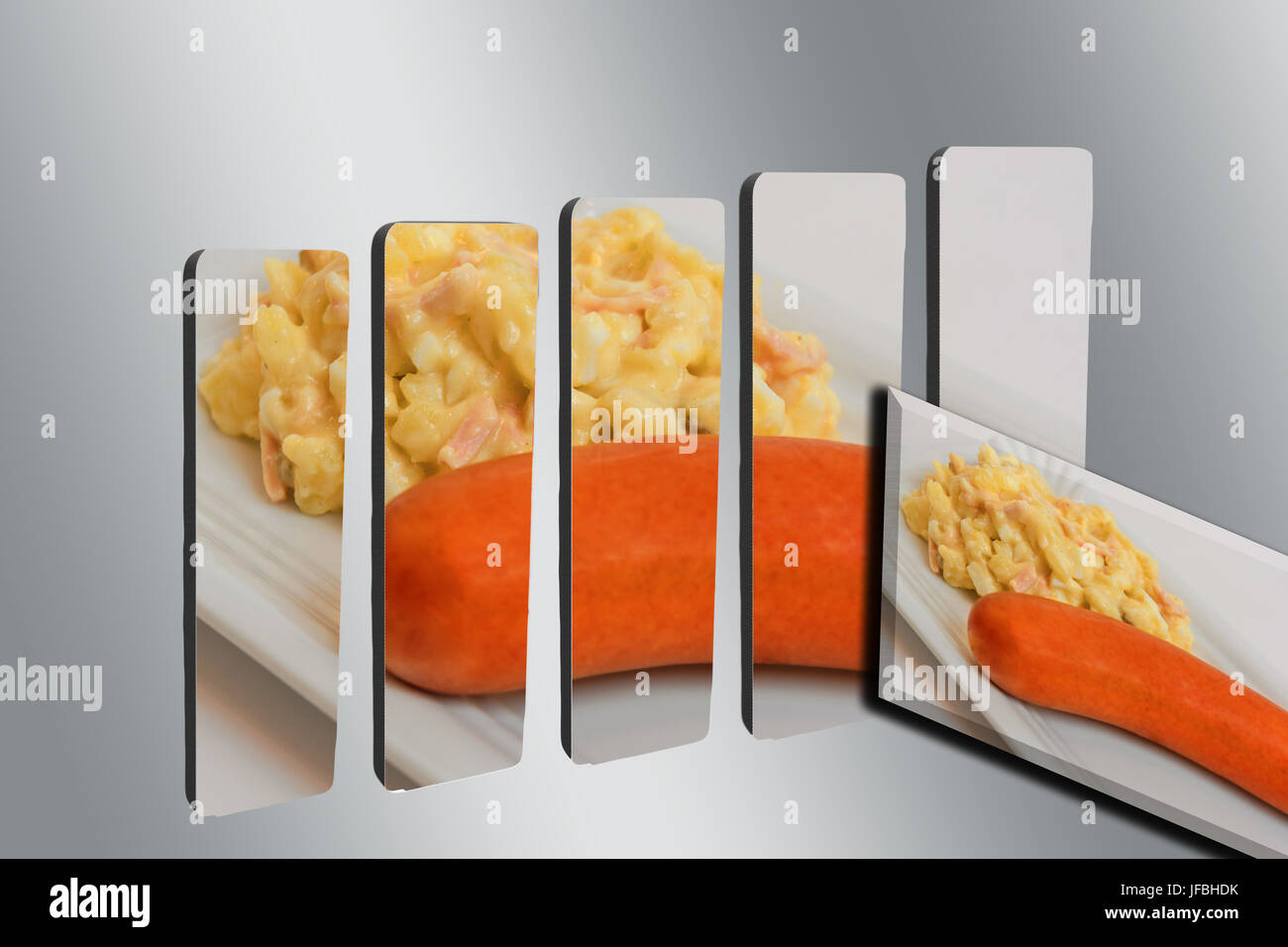 Kartoffelsalat mit Würstchen auf 3D-Balkendiagramm Stockfoto